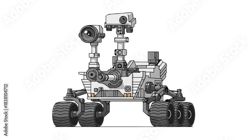 Detailed illustration of a Mars rover with multiple cameras and articulated arms on a black background