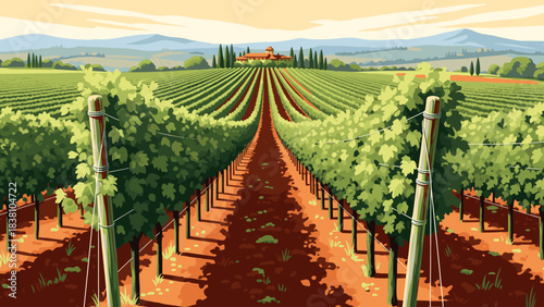 Idyllic italian vineyard with rows of grapevines leading to a tuscan villa under a clear sky