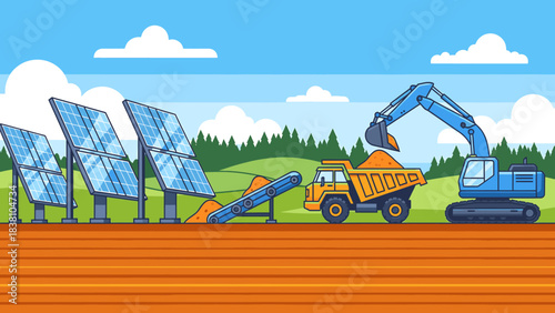 Solar panel installation site with digger, truck, and conveyor belt moving dirt