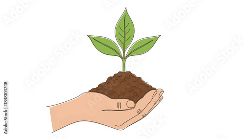 Hand gently holding fertile soil with a vibrant green seedling sprouting, symbolizing growth