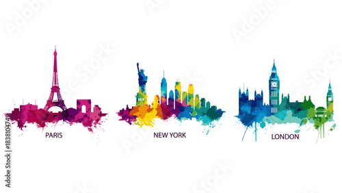 Colorful watercolor city skylines: paris, new york, and london landmarks in vibrant paint splashes