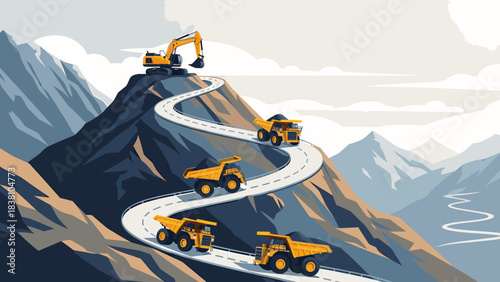 Heavy mining trucks and excavator work on a winding mountain road, hauling minerals, illustrating industrial operations
