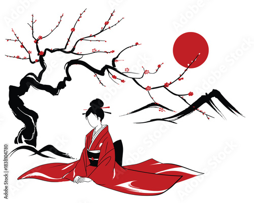 Japanese Geisha in Traditional Kimono Under Cherry Blossom Tree