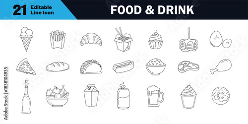 Food and drink editable icon set. Outline thin icons including meal, beverage, fruits, fast food, bakery, alcohol, main dishes, pastries, desserts and drinks. Editable stroke, vector illustration.