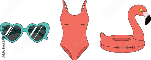 Cute summer beach icons set with heart sunglasses swimsuit and flamingo pool float in flat vector style