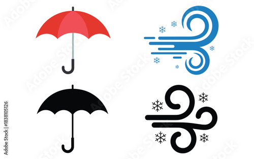 Umbrellas and weather elements illustrating various weather conditions