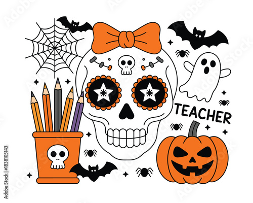 Happy Halloween Teacher Appreciation Sugar Skull Pumpkin Spider Web Vector Art