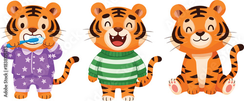 Cute tiger cartoon character set with baby, smiling and sitting poses, adorable animal vector illustration for kids