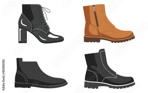 Collection of boots and shoes displayed on a white background