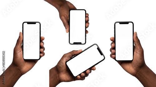 Multiple black hands holding smartphone with blank white screens for mockup and UI design on white or transparent background.