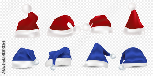 Big set of realistic Santa Hats isolated on transparent background
