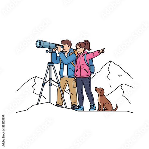 Adventurous couple exploring mountain peaks with their dog using telescope for discoveries