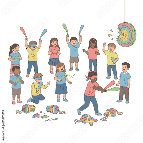Festive childhood celebration: joyful children participate in a traditional pinata game filled