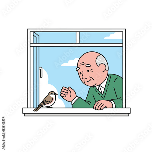 Elderly man reaching out to a small bird perched on a windowsill gazing with gentle curiosity