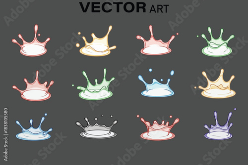 Set of colorful liquid splashes and drops in vector art style
