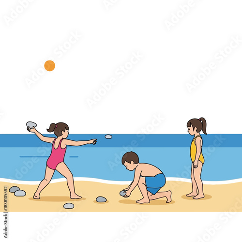 Illustrative scene of children enjoying summer time fun on sandy beach shore near ocean