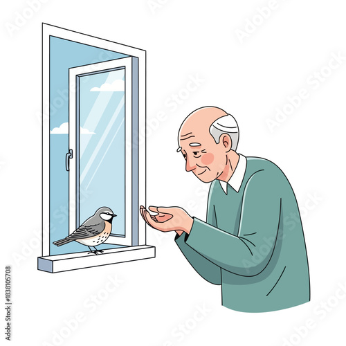 Illustration depicting an elderly man reaching out to a small bird perched on a window sill indoors