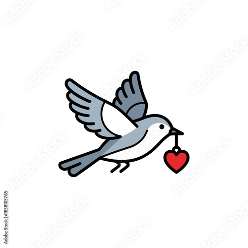 Whimsical depiction of a bird gracefully soaring with a symbol of love suspended from its beak