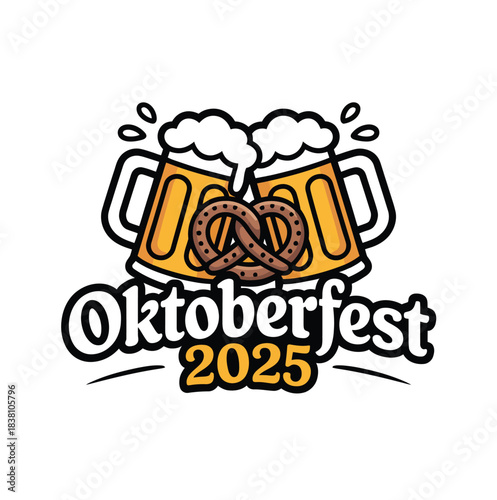Oktoberfest 2025 Logo Two Beer Mugs and Pretzel Celebration