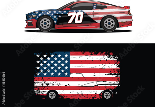 Patriotic American Flag Race Car Illustration with Grunge Styled Banner