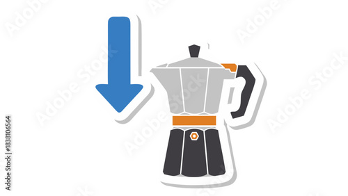 Flat Icon of a Moka Pot with a Blue Down Arrow Indicating Coffee Brewing Process or Lowering Temperature on a Black Background