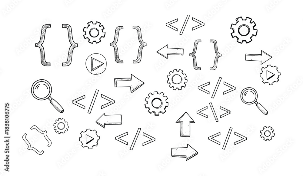Fototapeta premium Hand Drawn Coding and Technology Icons Including Braces Gears Arrows and Magnifying Glass on White Background