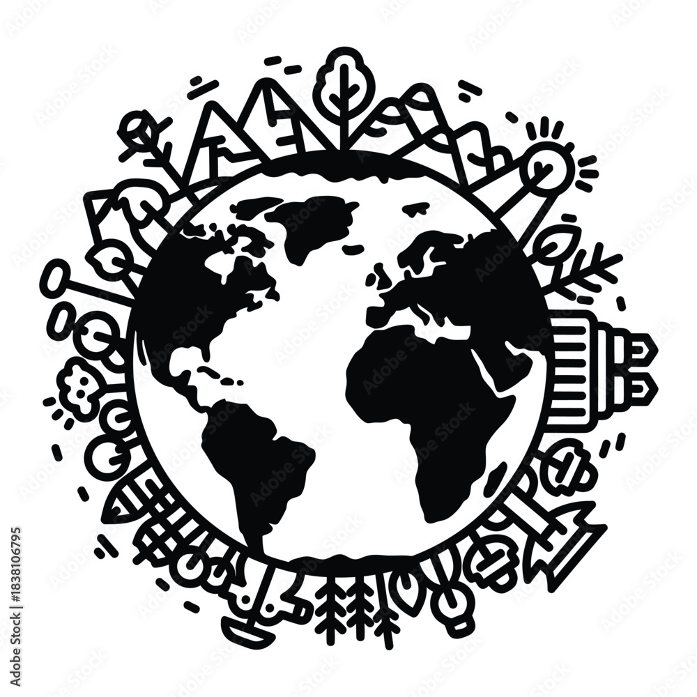 Naklejka premium Earth with Nature and Technology Elements Icon globe
