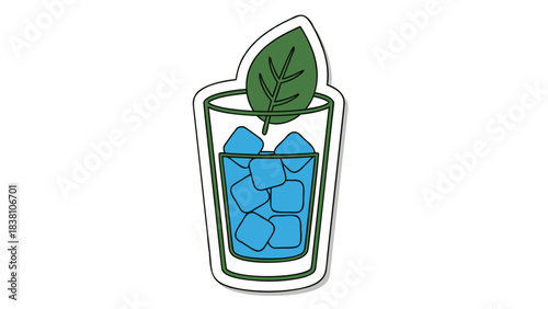 Glass of Blue Water with Ice Cubes and Green Mint Leaf Sticker Style Illustration Isolated on Black Background Refreshing Beverage Concept