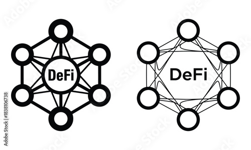 Decentralized finance network diagrams with bold defi text on white background