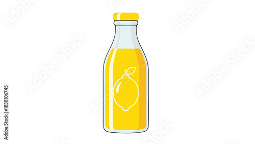Glass bottle with yellow lemon juice and a lemon illustration on a plain black background with white cap and label outline