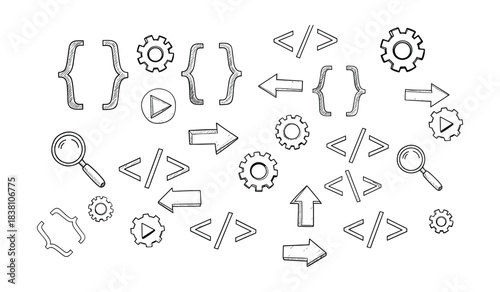 Hand Drawn Coding and Technology Icons Including Braces Gears Arrows and Magnifying Glass on White Background