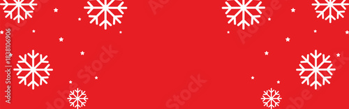 Festive red winter background with bold white geometric snowflakes and scattered stars framing wide copy space, ideal for Christmas greetings, seasonal invitations, web banners, and holiday promotions