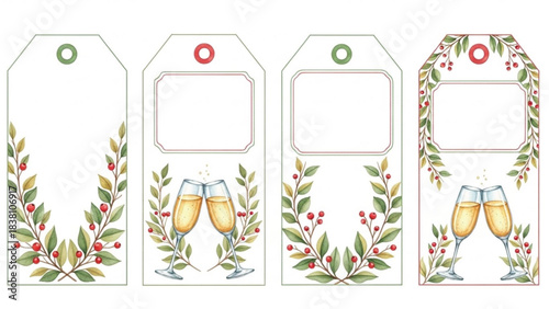 Watercolor Celebration Gift Tags with Champagne Glasses and Botanical Berry Frames, Festive Printable Label Set