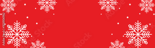 Festive red winter background with bold white geometric snowflakes and scattered stars framing wide copy space, ideal for Christmas greetings, seasonal invitations, web banners, and holiday promotions