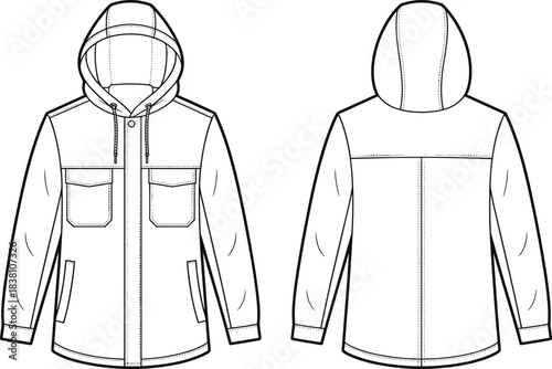 Hooded jacket vector illustration front and back view, black and white outline winter outerwear fashion design template mockup