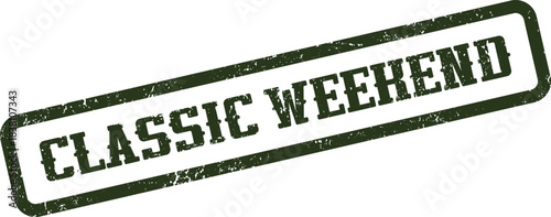 Green Distressed Rubber Stamp with Classic Weekend Designation and Grungy Texture