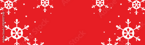 Festive red winter background with bold white geometric snowflakes and scattered stars framing wide copy space, ideal for Christmas greetings, seasonal invitations, web banners, and holiday promotions