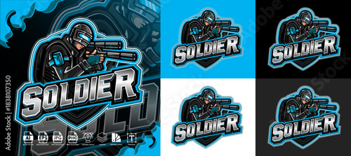 Epic soldier logo vector design e-sports gaming emblem blue black armored warrior gun shield badge illustration template. Perfect for sports teams, gaming & military brands.eps