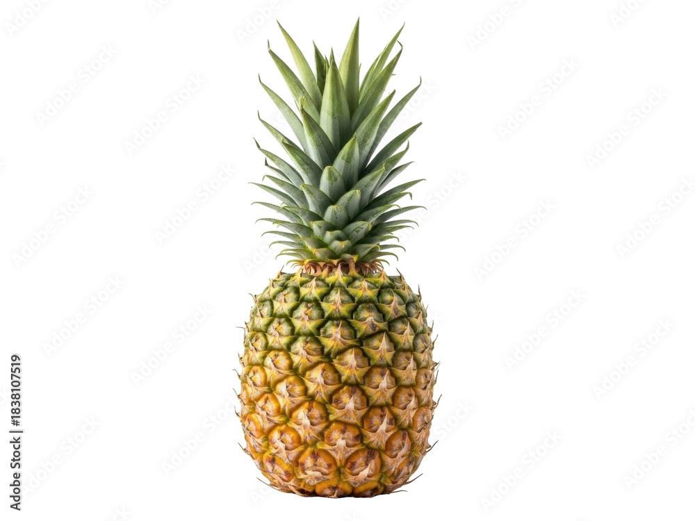 Fototapeta premium Isolated whole pineapple fruit with green spiky leaves on top, delicious tropical food item
