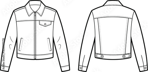 Technical fashion flat of classic denim jacket with front zipper, chest pocket, welt pockets, and adjustable hem, detailed front and back apparel design views