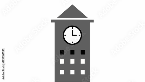 Minimalist grey clock tower illustration with a pointed roof and square windows.