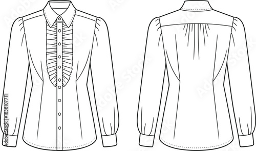 Technical fashion flat of women’s long sleeve ruffle blouse design, front and back view illustration for garment drafting, sewing patterns, and apparel development