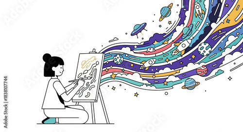 Illustrative depiction of an artist painting a vibrant cosmic scene expressing creativity