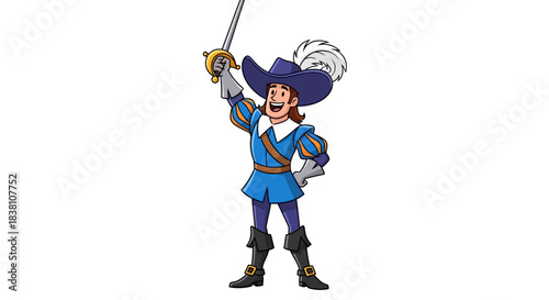 Cheerful cartoon musketeer raises his sword in triumph, embodying chivalry and valor in a dynamic