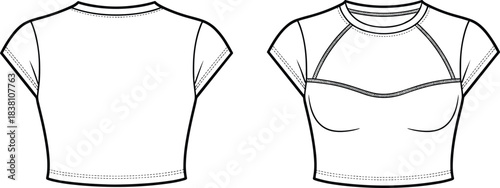 Technical fashion flat of women’s short sleeve crop top with cutout detail, front and back views for garment drafting, sewing patterns, and apparel design
