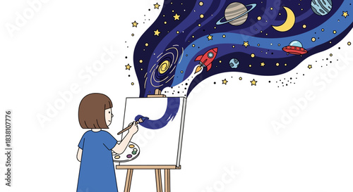 Girl paints colorful cosmos, planets, and galaxy imagination on a canvas bringing cosmic visions