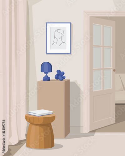 Interior design scene with a wooden stool, a modern lamp, and abstract sculpture on a pedestal in a brightly lit room with curtains and a door