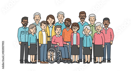 Diverse group of people smiling and standing together, representing inclusion and togetherness