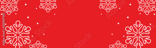 Festive red winter background with bold white geometric snowflakes and scattered stars framing wide copy space, ideal for Christmas greetings, seasonal invitations, web banners, and holiday promotions