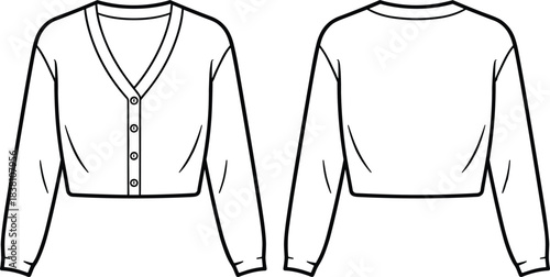 Women cropped cardigan technical fashion illustration front and back view long sleeve button up knit top flat sketchWomen cropped cardigan 